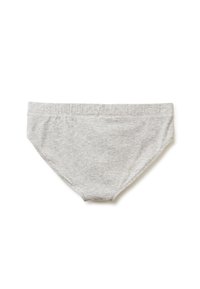 Šedé bavlněné bikiny s jemnou texturou, elastickým pasem a jednoduchým designem. Žádné vzory nebo akcenty nejsou viditelné.