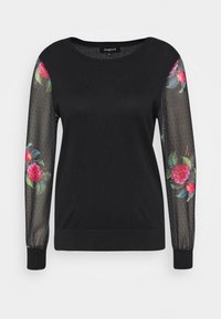 Svart långärmad topp med genomskinliga ärmar med blommönster som har rosa och röda blommor med gröna blad.