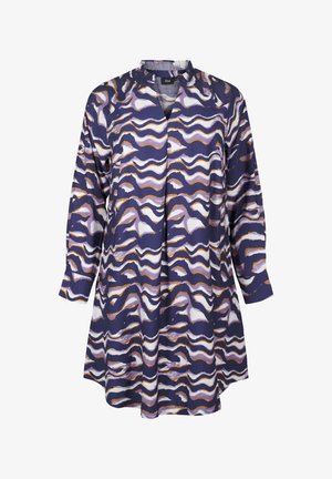 Sukienka z długim rękawem w granatowym kolorze, zdobiona wzorem fal w odcieniach purpury i bieli z złotymi akcentami. Wysoki dekolt i luźny krój.
