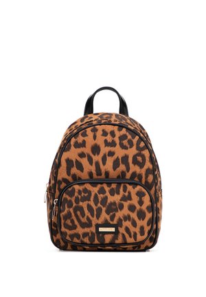 Small backpack with brown and black leopard print pattern, black zipper, and black handle on a white background.
