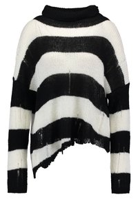 Černobílé pruhované svetr s rolákem, zkráceným střihem a roztrhanými okraji. Texturovaný pletený materiál s volnými, otevřenými stehy.