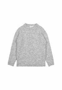 Maglione grigio in materiale knit morbido. Caratterizzato da un colletto a girocollo, maniche lunghe e orli a costine. Superficie leggermente testurizzata.