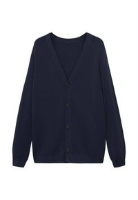 Navy cardigan, ribbed texture, V-neckline, long sleeves, six black buttons, and a straight hem. Suitable for layering and casual wear.