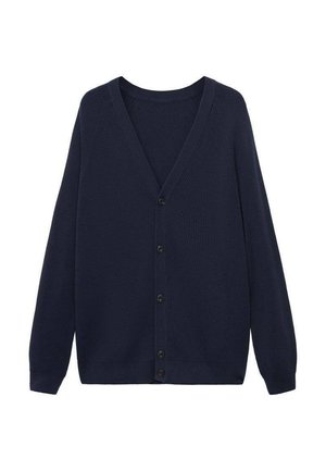 Navy cardigan, ribbed texture, V-neckline, long sleeves, six black buttons, and a straight hem. Suitable for layering and casual wear.