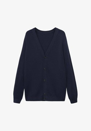 Granatowy kardigan, żebrowana faktura, dekolt w serek, długie rękawy, sześć czarnych guzików oraz prosty dół. Odpowiedni do noszenia na co dzień oraz do warstwowego ubierania.