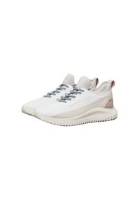 Zapatillas deportivas blancas con acentos en beige claro, paneles laterales texturizados y cordones grises. Cuentan con una suela acolchada y una cinta en la parte trasera para facilitar el calzado.