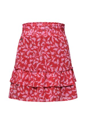 Jupe à motif floral rouge et rose avec taille élastique et ourlet à volants superposés.
