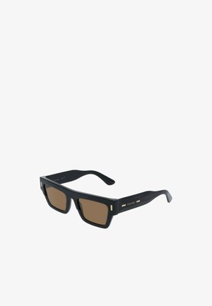 Ochelari de soare rectangulari negri cu lentile tonificate maro. Finisaj mat, cu detalii aurii pe brațe și o formă rectangulară.