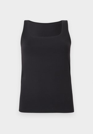 Black sleeveless tank top with wide straps and square neckline, displayed on plain light gray background.