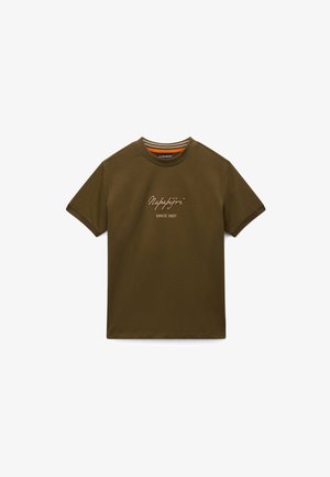 Olive green short-sleeve T-shirt with "Napapijri Since 1987" embroidered on front and striped detail inside collar.
