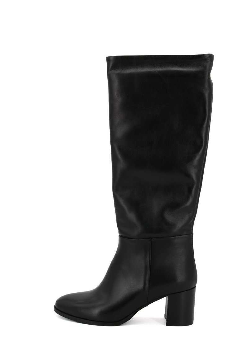Stivale alto in pelle nera con asta strutturata, punta rotonda e tacco a blocco. Texture liscia con un design minimalista.