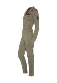 Khaki-Jumpsuit mit Reißverschluss vorne, langen Ärmeln, zwei seitlichen Taschen und einem Aufnäher am Arm. Verfügt über ein figurbetontes Design und flache Nähte.