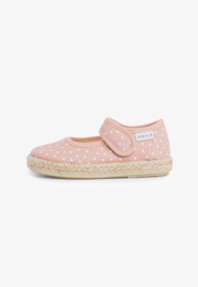Espadrille rose à pois avec une sangle Velcro. Tige en tissu, semelle en jute tissée, bout rond et doublure intérieure rembourrée pour plus de confort.
