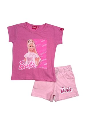 T-shirt en coton rose à manches courtes avec un motif Barbie, assorti à un short rose portant le texte "Barbie" sur l'ourlet.