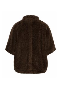 Bordeauxkleurige pluche, oversized pullover met korte mouwen en een hoge kraag. Heeft een zachte, fuzzy textuur over het hele oppervlak.