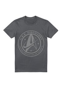 Gray cotton t-shirt featuring a large circular graphic with "U.S.S. Discovery" and "United Federation of Planets" in silver.