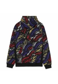 Sudadera con capucha que presenta un patrón abstracto multicolor en rojo, púrpura, dorado y blanco sobre un fondo negro. Fabricada en tejido texturizado.