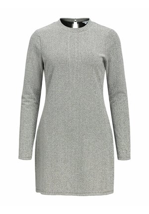 Robe argentée à manches longues en tissu texturé. Présente un col montant et une fermeture en forme de clé au dos. Design simple et ajusté.