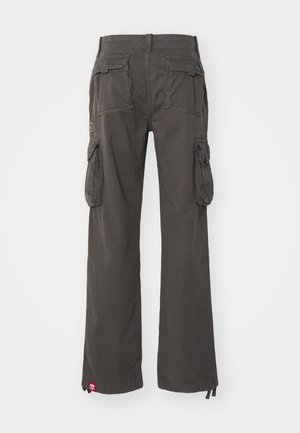 Cargo pants in dark gray, features wide legs, multiple side pockets, and a drawstring at the hem, made from durable cotton fabric.
