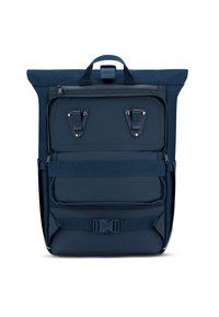 Kék felhúzható hátizsák tartós anyagból, két csat rögzítővel, cipzáras zsebbel, állítható pántokkal és oldalsó tárolóval.