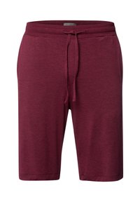 Shorts bordeaux realizzati in tessuto morbido, con vita elasticizzata e cordoncino, e tasche laterali. Texture liscia senza fantasie.