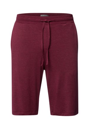 Burgundin väriset shortsit, jotka on valmistettu pehmeästä kankaasta. Niissä on joustava vyötärö, johon kuuluu nyöri, sekä sivutaskut. Pinta on sileä eikä siinä ole kuvioita.