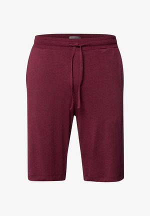 Burgundin väriset shortsit, jotka on valmistettu pehmeästä kankaasta. Niissä on joustava vyötärö, johon kuuluu nyöri, sekä sivutaskut. Pinta on sileä eikä siinä ole kuvioita.