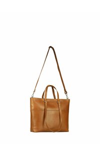 Tan leather tote bag with double top handles and a shoulder strap. Features a smooth texture and minimalistic design. One front pocket.