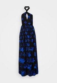 Schwarzes Kleid mit Halterneck und einem diamantförmigen Ausschnitt. Verziert mit großen blauen Blumenmustern und einem fließenden Stoff. 