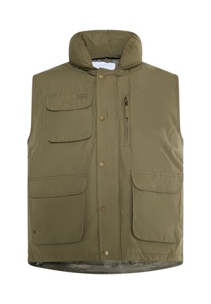 Olivengrøn isoleret vest med høj krave, trykknaplukninger, flere fortasker og en glat overfladefinish.