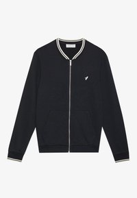 Black zip-up bomber jacket with white striped collar and cuffs, featuring a small white logo on the chest and front pockets. Soft fabric.