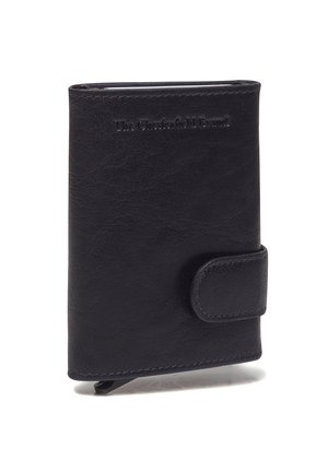 Schwarzes Lederportemonnaie mit strukturierten Oberflächen, Klappdeckel, der mit einem Knopf gesichert ist, und eingraviertem Logo auf der Vorderseite. Kompakte rechteckige Form.