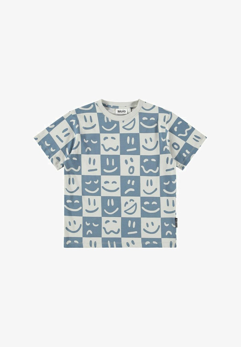 Camiseta de algodón de manga corta y cuello redondo en azul claro con un patrón de cuadrícula de caras sonrientes y neutrales en blanco y azul. Textura suave.