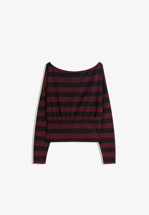 Długi rękaw, top odkrywający ramiona w czarno-bordowe poziome paski z dopasowaną talią. Miękka, fakturowana tkanina z delikatnym połyskiem.