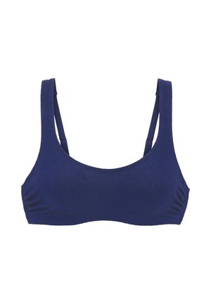 Dark blue textured fabric bikini top with wide shoulder straps and a scoop neckline shown on a white background.