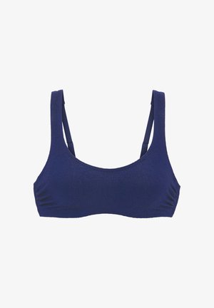 Dark blue textured fabric bikini top with wide shoulder straps and a scoop neckline shown on a white background.