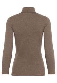 Pull col roulé marron côtelé à manches longues avec une coupe ajustée, montré de dos sur fond blanc.