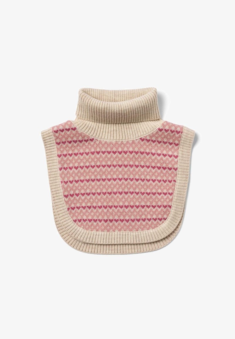 Beige színű, rózsaszín szívmintás kötött garbós poncsó. Bordás élekkel és laza, kerek formával a kényelem érdekében.