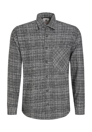 Chemise à manches longues boutonnée avec col et poche poitrine, présentant un motif à carreaux texturé noir et blanc.