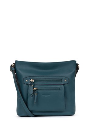 Teal leather crossbody bag with a zip pocket, gold-tone hardware, and adjustable strap. Smooth texture with a minimalist design.