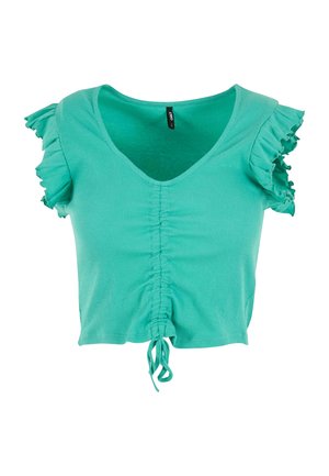 Teal geribbelde crop top met een V-hals, gerimpelde mouwen en een geplooid detail aan de voorkant met een verstelbare koord aan de onderkant.