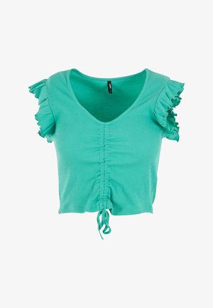 Teal geribbelde crop top met een V-hals, gerimpelde mouwen en een geplooid detail aan de voorkant met een verstelbare koord aan de onderkant.
