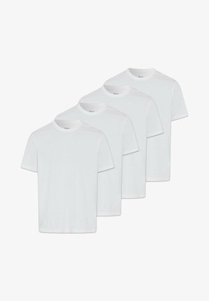 Vier witte katoenen T-shirts met korte mouwen en ronde hals, naast elkaar weergegeven. De stof ziet er glad uit zonder zichtbare patronen of ontwerpen.