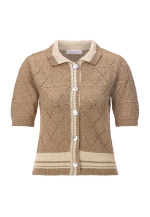 Bēša īsroku adīta kardigāna ar dimanta rakstu, baltu kontrastējošu apkakli, pogājamu priekšpusi un svītrainu apakšu.