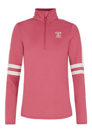 Fleece pullover i klar pink med høj krave og kvart lynlås; har hvide striber på ærmerne; blød tekstur, atletisk design.