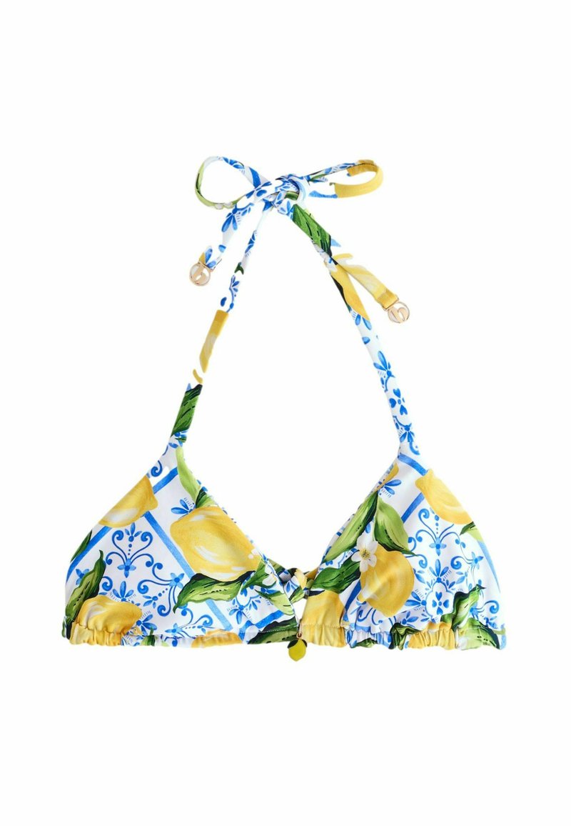 Bikini-Oberteil in dreieckiger Form mit einem Zitrone-Druck auf einem blauen Blumenhintergrund, verstellbaren Trägern und einem rüschengeschmückten Saum.