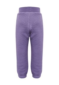 Paarse gestructureerde broek met een brede elastieken tailleband en taps toelopende boorden, met een wafelpatroon voor extra detail en comfort.