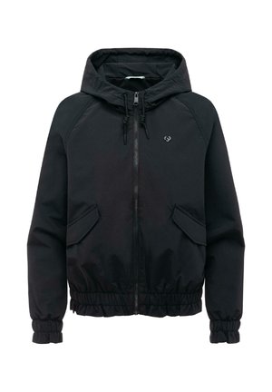 Veste noire à capuche avec fermeture éclair frontale, cordons réglables, poches à rabat, poignets et taille élastiques, présentée sur un fond blanc.