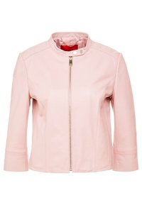 Ljusrosa läderjacka med ståendekrage, framsidan med dragkedja och trekvartslånga ärmar. Slät textur med minimala sömsdetaljer.