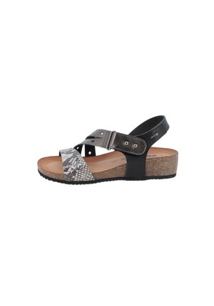 Sandalo con zeppa da donna con suola in sughero, cinturino alla caviglia in pelle nera e fascia frontale con motivo a serpente.